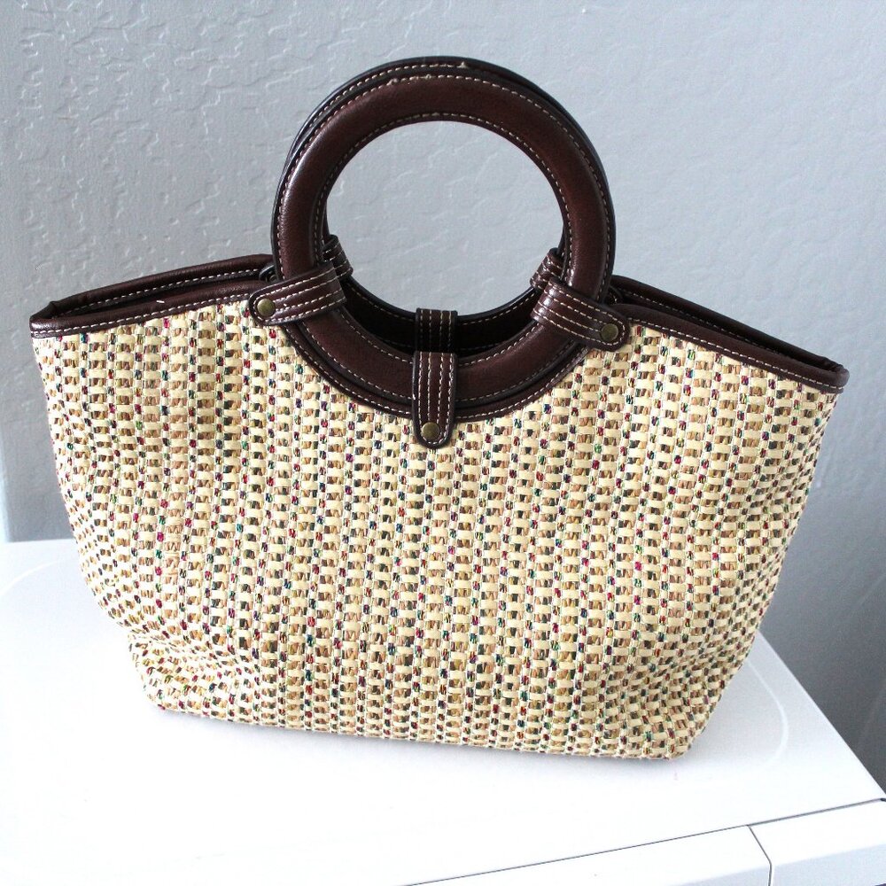 Croft & Barrow Faux Straw & Leather Handbag with Round Handle & Crossbody Straps